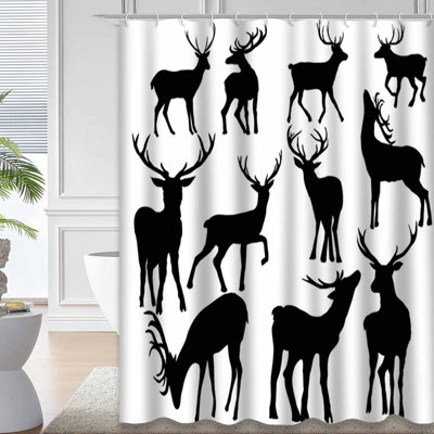 Deer Forest Stag Elk Shape Hunting Red Christmas Symbol Animal Forest Red Black Shower Curtain with 12 Hooks