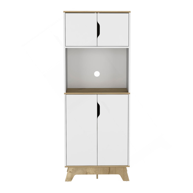 Pamplona Microwave Tall Cabinet Counter Surface, Top And Lower Double Doors Cabinets -Light Oak / White