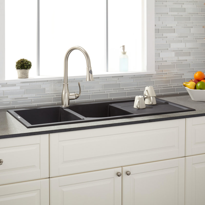 Tansi 46" L Double Basin Drop-In Kitchen Sink, Midnight Black