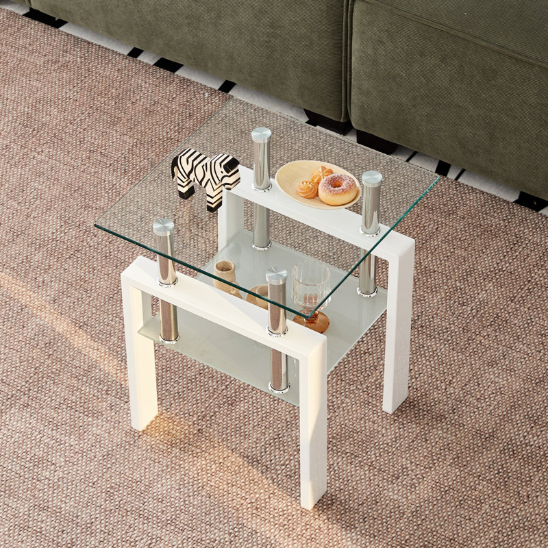 Tempered Clear Glass End Table, 2 Storage For Elegant Living Room Table Room, Space Optimization