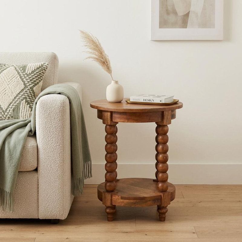 Table de bout ronde 22 "en bois massif brun avec tablette, Brown