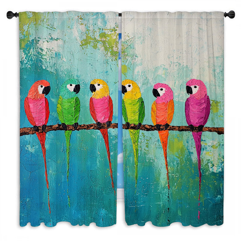 Parrots Window Curtains  Animal Maximalist Drapes - 2 Panels, 40" W x 82" L
