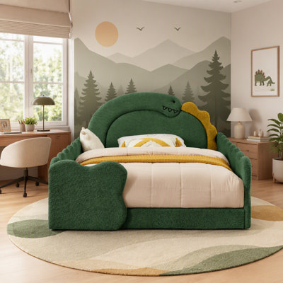 Cute Dinosaur-Shaped Bed with Safety Guardraild, Solid Wood Bed Frame for Bedroom, Boucle Fabric