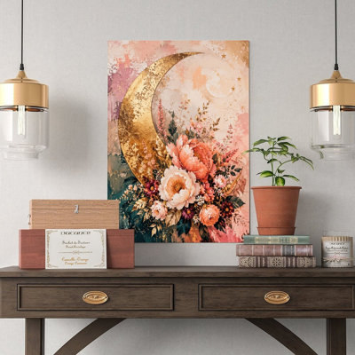 Canvas Wall Art Gold Crescent Moon Floral Wall Art Print Vintage Poster Print Home Decor