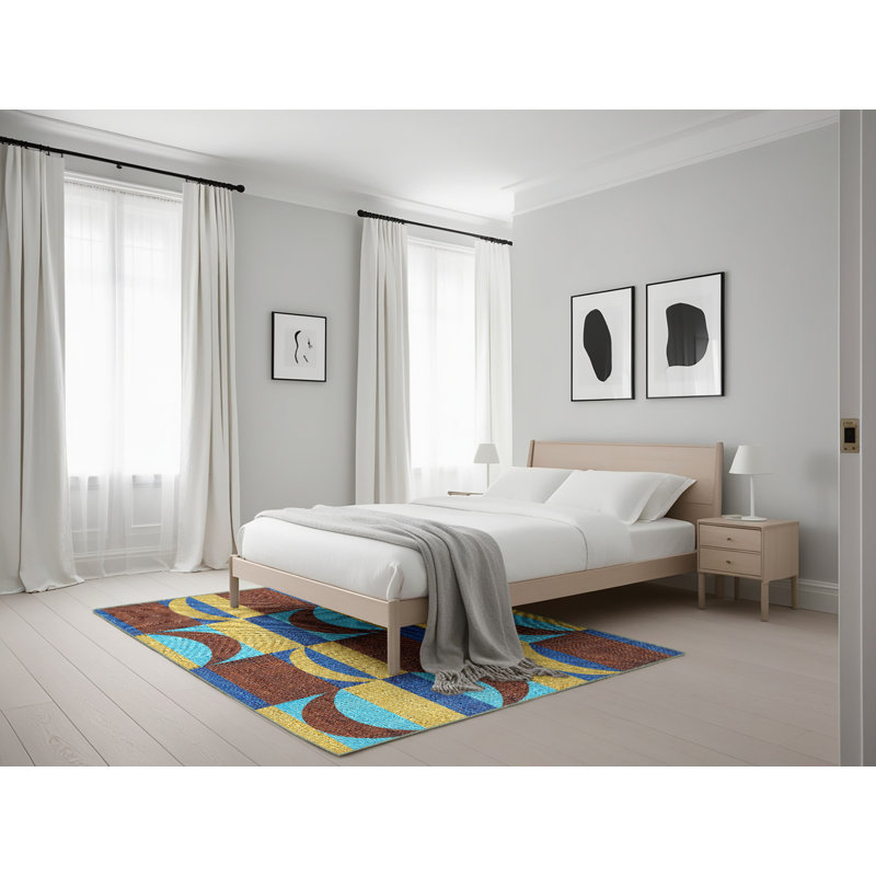 Tapis brun/vert/bleu à motifs, Rectangle 5 pi x 7 pi