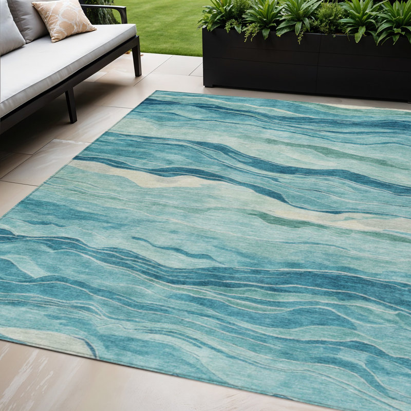 Tapis extérieur lavable rayé turquoise 5 pi x 8 pi