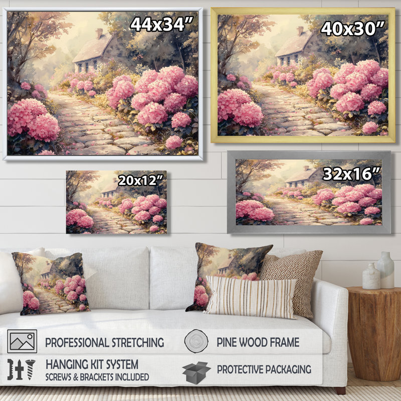 Hortensias par le chemin de pierre IV - hydrangées, art mural, Reproduction encadrée d'une seule photo, H 30 po x l 40 po