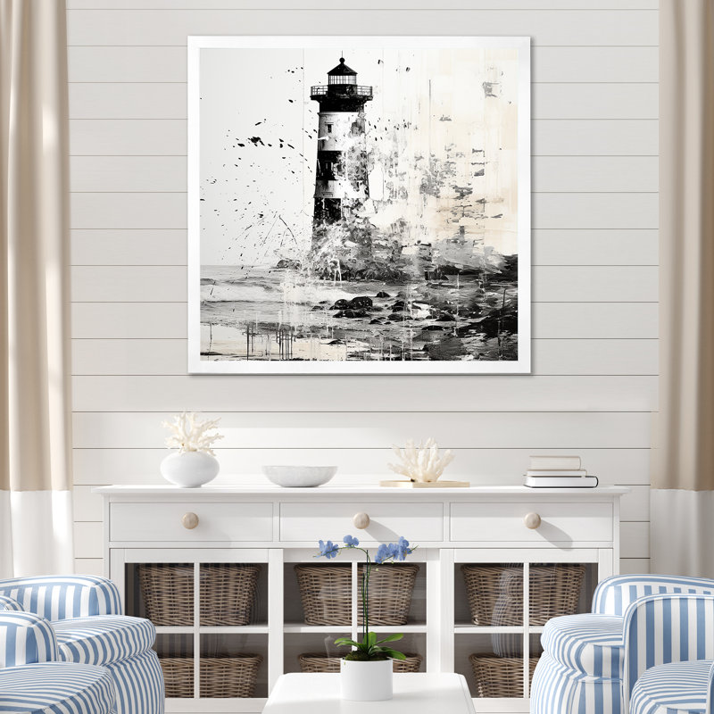 Mystérieux phare noir et blanc, H 16 po x l 16 po x P 1 po, Cadre photo blanc