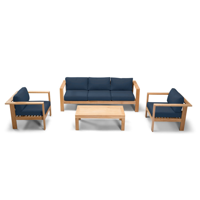 Ando 4 Piece Teak Sofa Seating Group with Sunbrella Cushions, Spectrum Indigo Sunbrella®