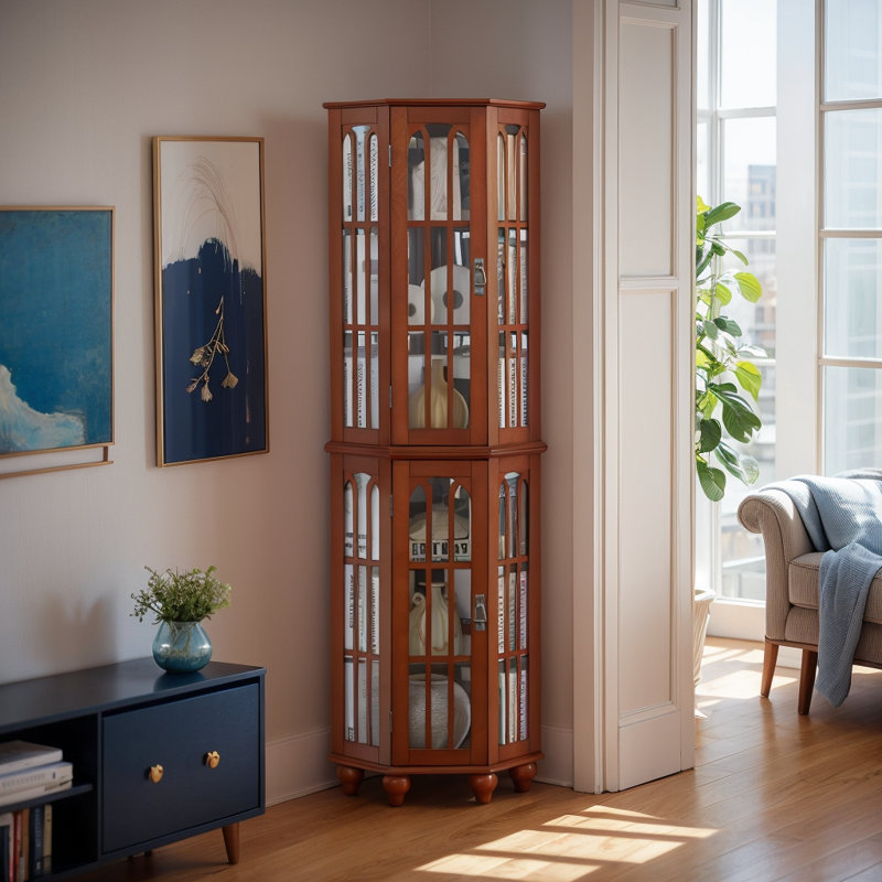Corner Curio Cabinet With 4 Adjustable Tempered Glass Shelves And Lighting System, Solid Wood Legs,Acrylic Mirrored Back Panel