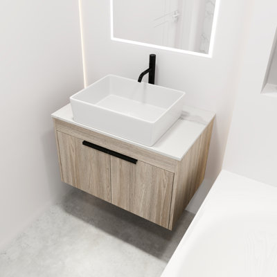 Meuble-lavabo mural de 30 po au fini chêne blanc avec lavabo en céramique
