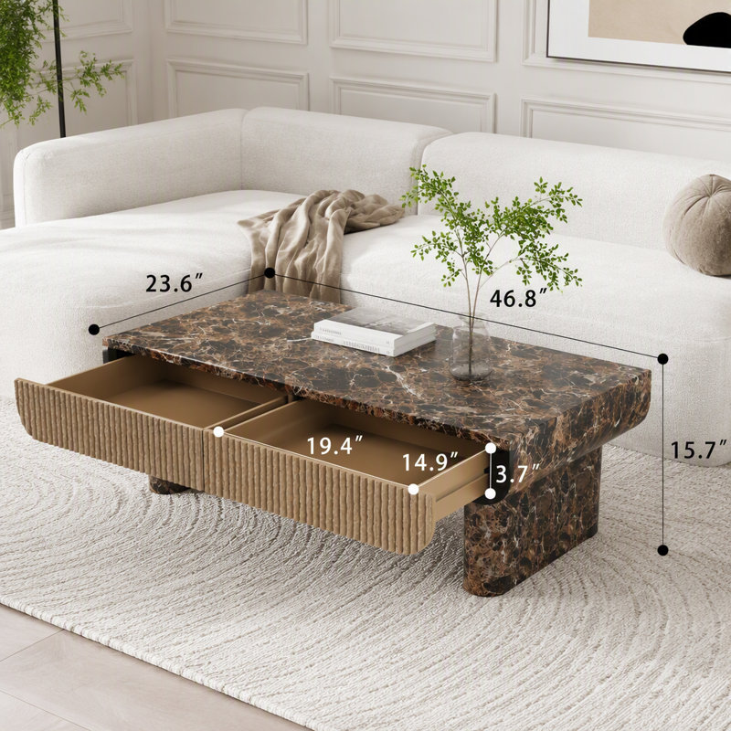 Table basse avec plateau en imitation marbre et texture noyer, L 46,85 po, Natural Walnut