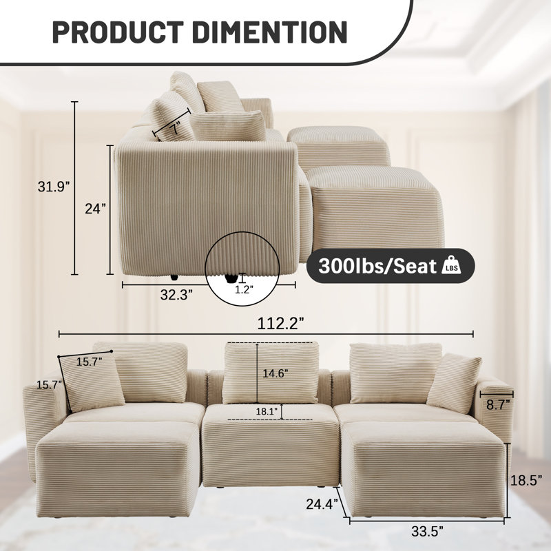 Boneless 110''W Corduroy Modern Compressed Block Sectional Couch With 2 Ottoman, Khaki Corduroy