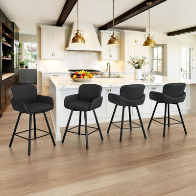 Modern Swivel Counter Height Bar Stools Set Of 4 With Upholstered Seats, Backrest, Arms, And Metal Legs, Black