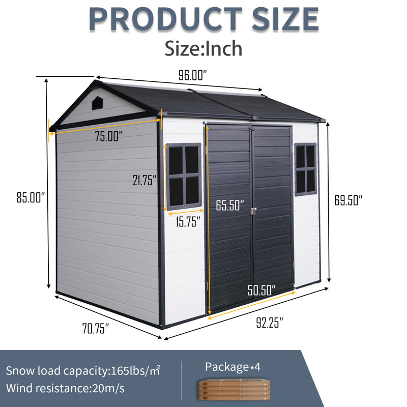 8x6 Ft All-weather Resin Storage Shed - Built-in Floor, Lockable Door & 2 Windows For Garden/backyard, Gray/White
