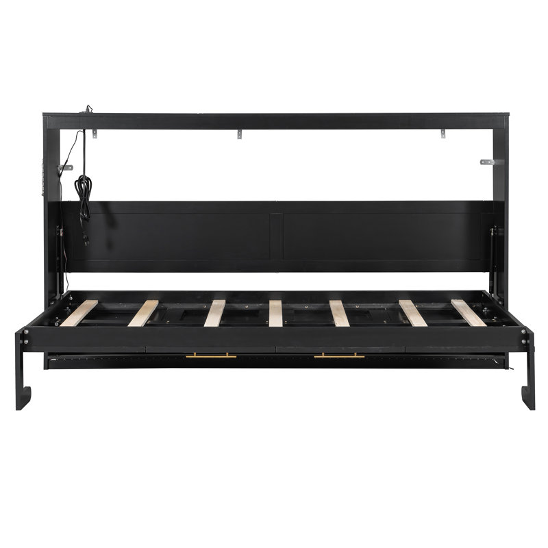 Lit escamotable simple pliant latéral simple avec motif imprimé, éclairage DEL sous le lit et prise USB intégrée, peu encombrant, noir