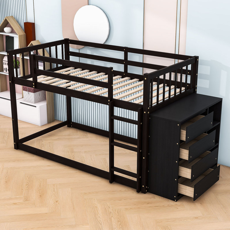 Kialah Space-Saving Bunk Bed With Built-In Storage And Slats, Twin Over Twin, Espresso