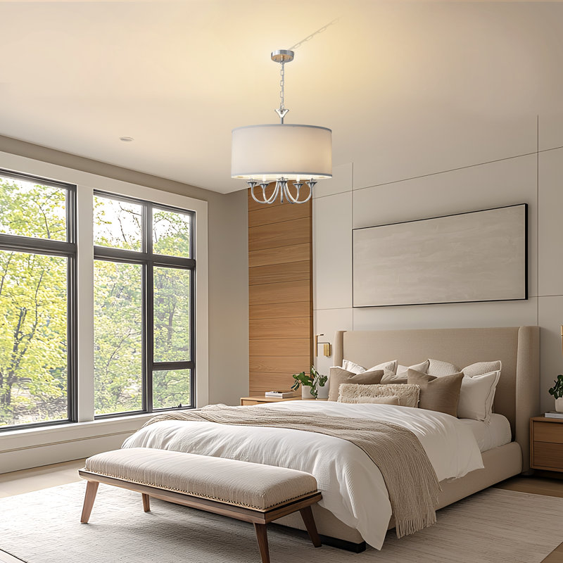 5-Light Drum Pendant Candle Style, Nickel/White