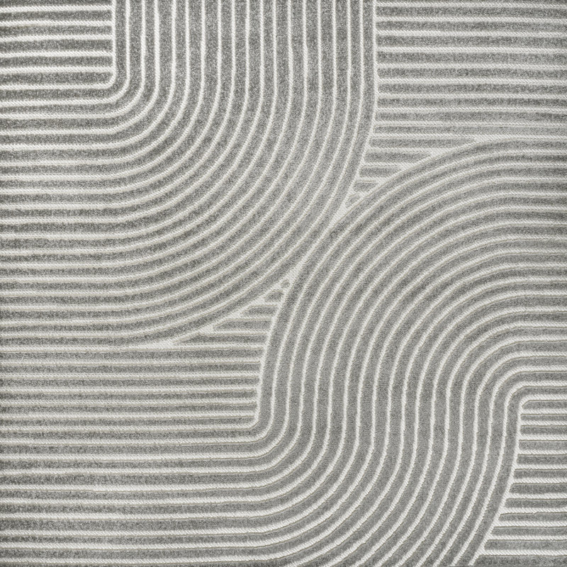 Hallie High-Low Minimalist Curve Geometric Gray/Ivory Indoor/Outdoor Rug, Square 5'3"