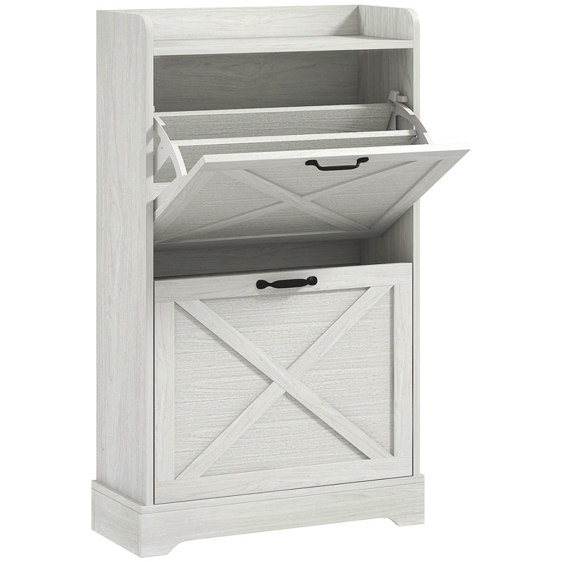 Slim Shoe Cabinet For Entryway, Farmhouse Hidden Shoe Storage Cabinet With 2 Flip Drawers And Adjustable Shelves For 8 Pairs Of Shoes, Distressed White