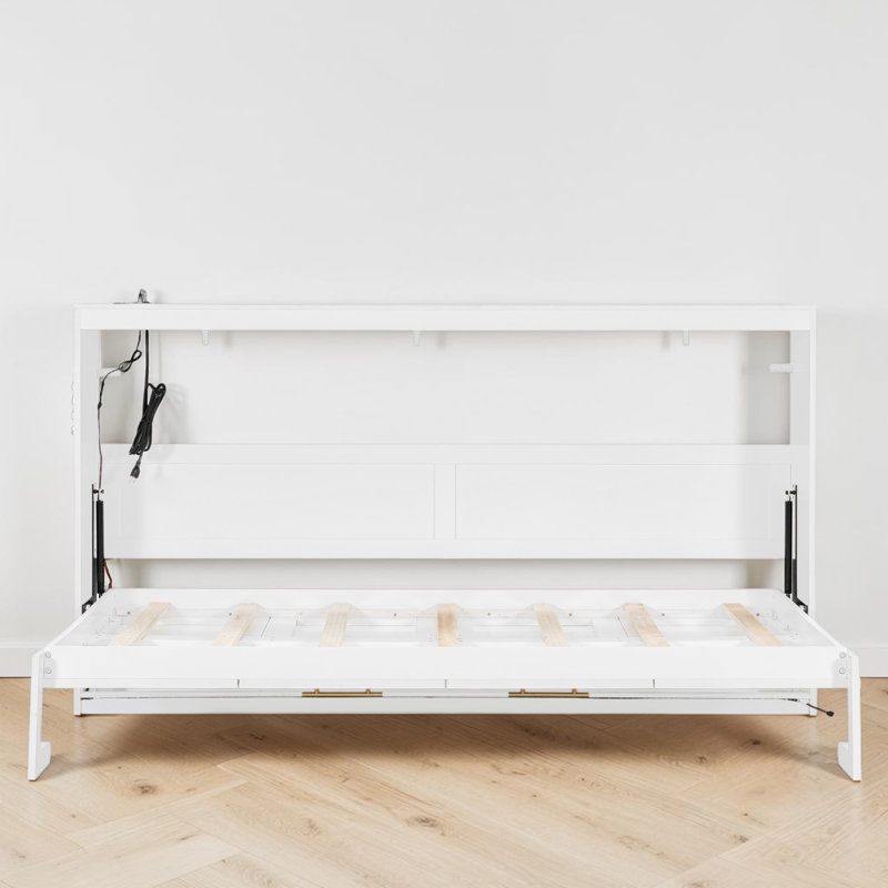 Lit escamotable, conception à pliage latéral peu encombrant, bois, éclairage DEL et port USB, moderne et contemporain, pièce multifonctionnelle