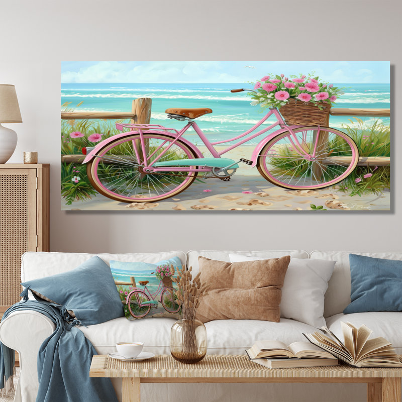 Vélo rose avec roses roses sur un chemin de plage - décoration murale bord de mer, Toile tendue, H 28 po x l 60 po x P 1,5 po
