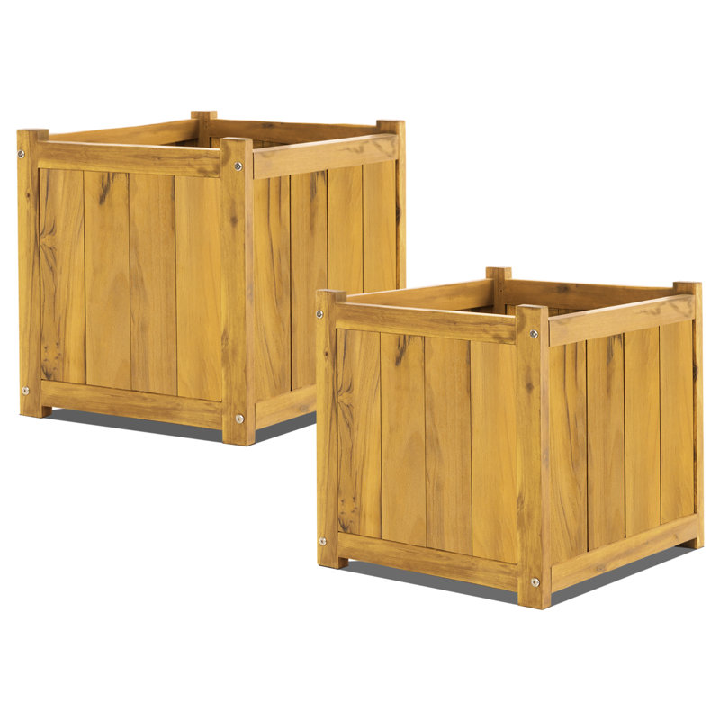 Square Acacia Wooden Planter Box, Raised Garden Bed for Outdoor Plants, Golden Teak, 17.72" H X 15.75" W X 15.75" D, 2