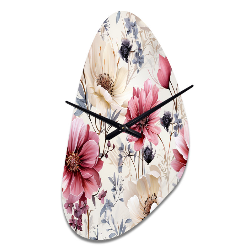 Rose et beige Wildflower Paradise - horloge murale asymétrique florale en métal, horloge murale de forme irrégulière, Grand