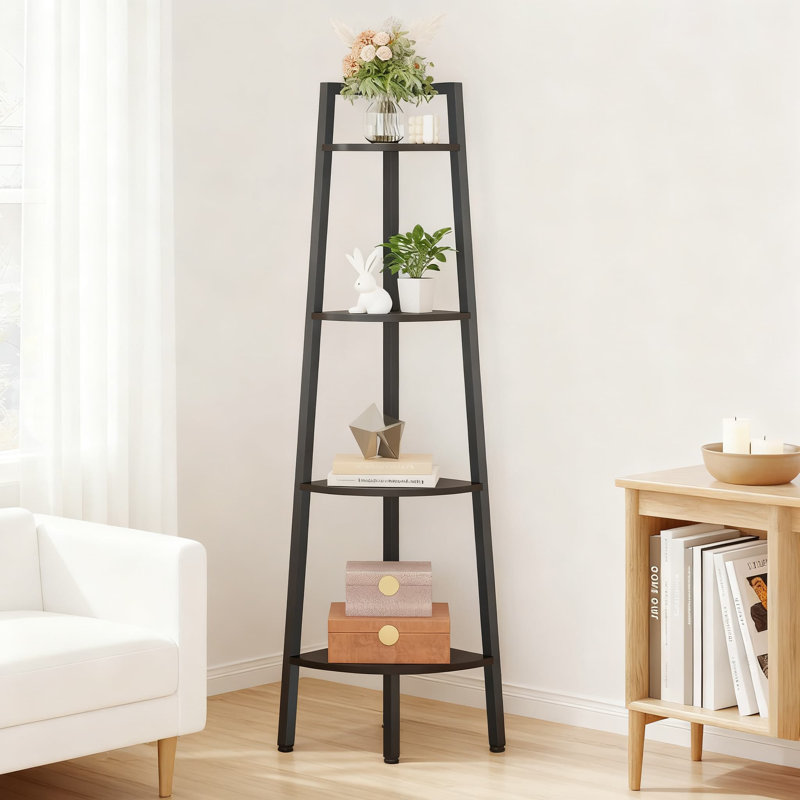 4-Tier Corner Shelf, Industrial Ladder Bookshelf With Metal Frame For Living Room, Bedroom, Home Office And Small Space Storage Display