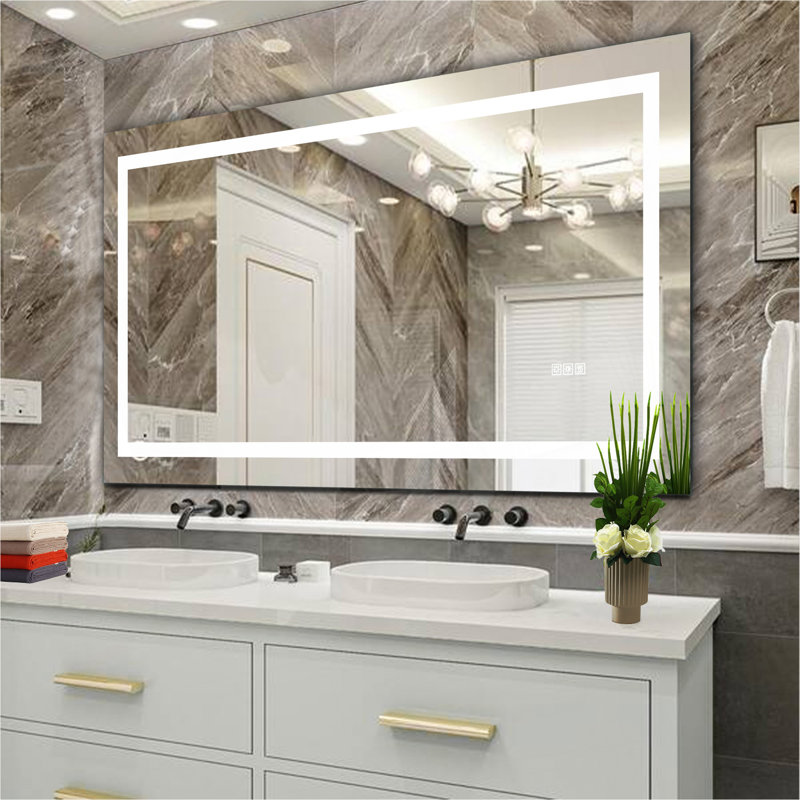 Miroir de salle de bain 60 po x 32 po à DEL avec antibuée et capteur tactile - Miroir mural moderne sans cadre pour meuble-lavabo, salle de douche ou vestiaire