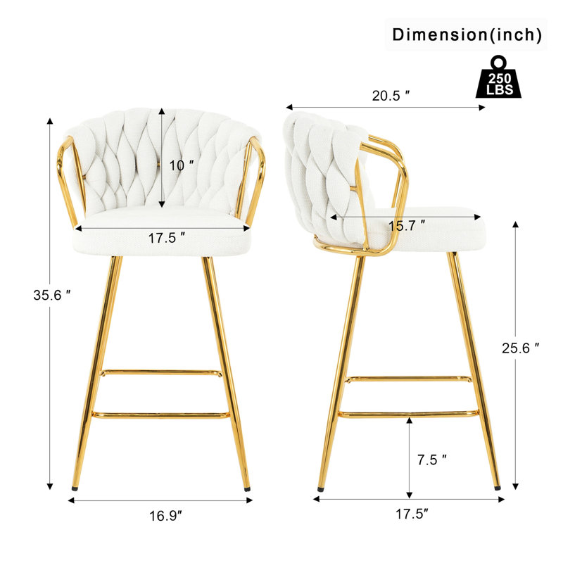 2 tabourets de bar modernes, pieds dorés, siège en lin blanc pour la cuisine, la salle à manger, le café, le bar, le restaurant, ergonomique, base, pied antidérapant réglable, zone généreuse, imperméable, facile à récurer