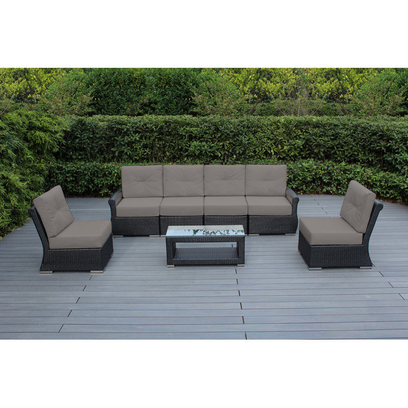 Ensemble de conversation avec canapé en rotin 7 pièces avec coussins Sunbrella Amayah, Toile Sunbrella® taupe