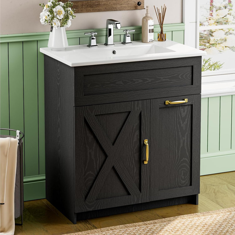 Meuble-lavabo 30 po avec lavabo, rangement et prises de courant Farmhouse, Noir