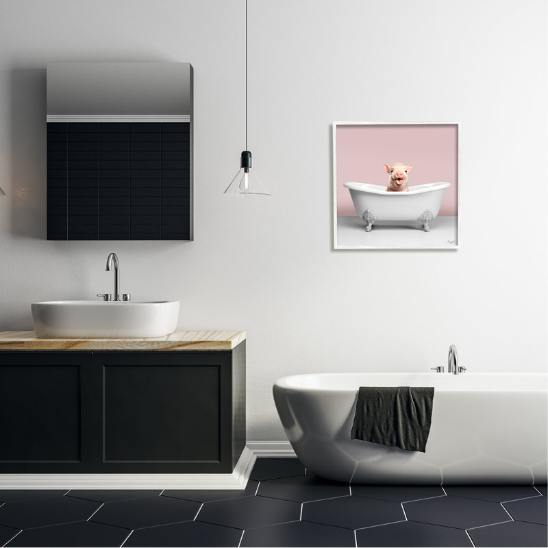Pastel Piglet in Bathtub Gray Framed Canvas Print, 12 x 12