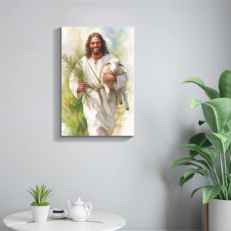 «Sourire Jésus tenant un agneau - Le bon berger», art mural sur toile, H 30 po x l 20 po