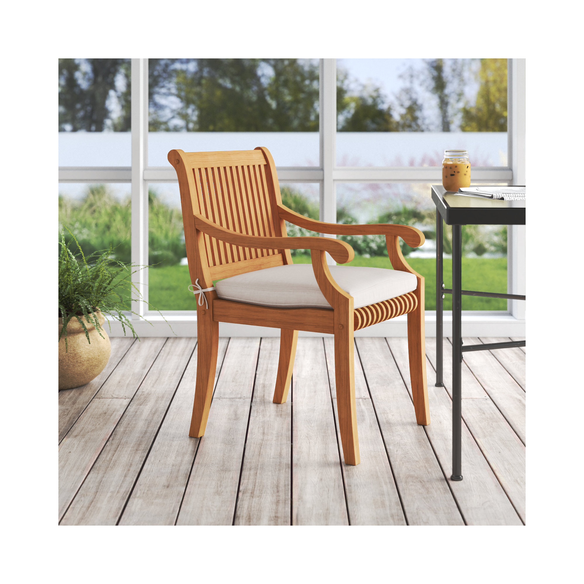Summerton Teak Wood Premium All-Weather Wicker Outdoor Dining Armchair with Cushion