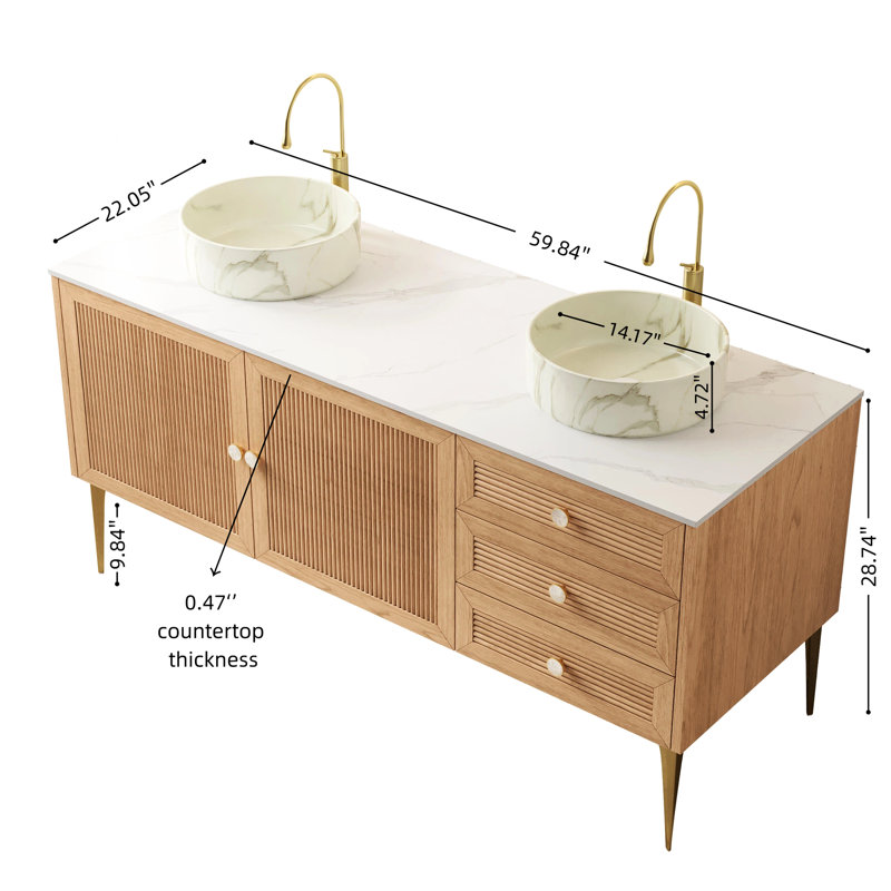 Meuble-lavabo de 152 cm (60 po) avec deux lavabos en pierre et céramique, trois tiroirs, deux portes à fermeture amortie, chêne, contreplaqué haute résistance, design élégant, comptoir blanc autoportant, fini contreplaqué.