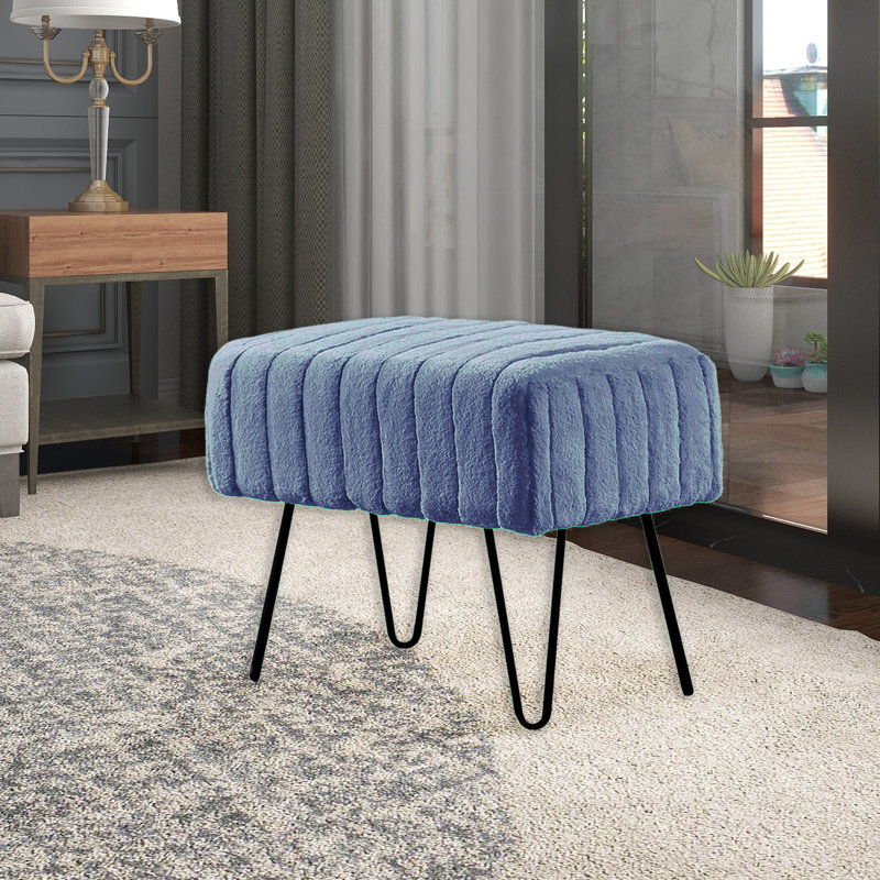 Defranco Upholstered Ottoman, Blue Mirage Faux Fur