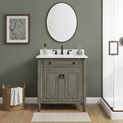 31 Inch Vintage Bathroom Vanity with Ceramic Sink, Rustic Curved Profile Cabinet, Soft‑Close Doors, Adjustable Shelf, Rubber Wood Legs for Bathroom, Gray