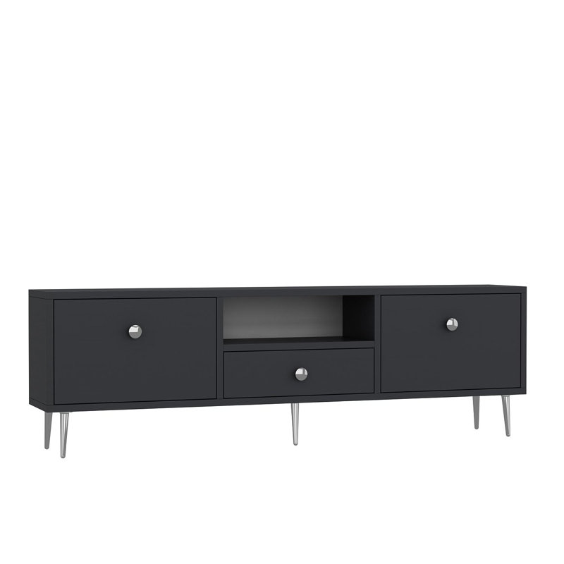 Modern TV Stand with Wall Mount Capability, Anthracite & Silver, 55.1 x 17.7 x 11.8 inches | 100% Melamine Coated Particle Board, Thickness: 0.7 inches | Multiple Shelves, Sleek Design for Stylish Living Rooms