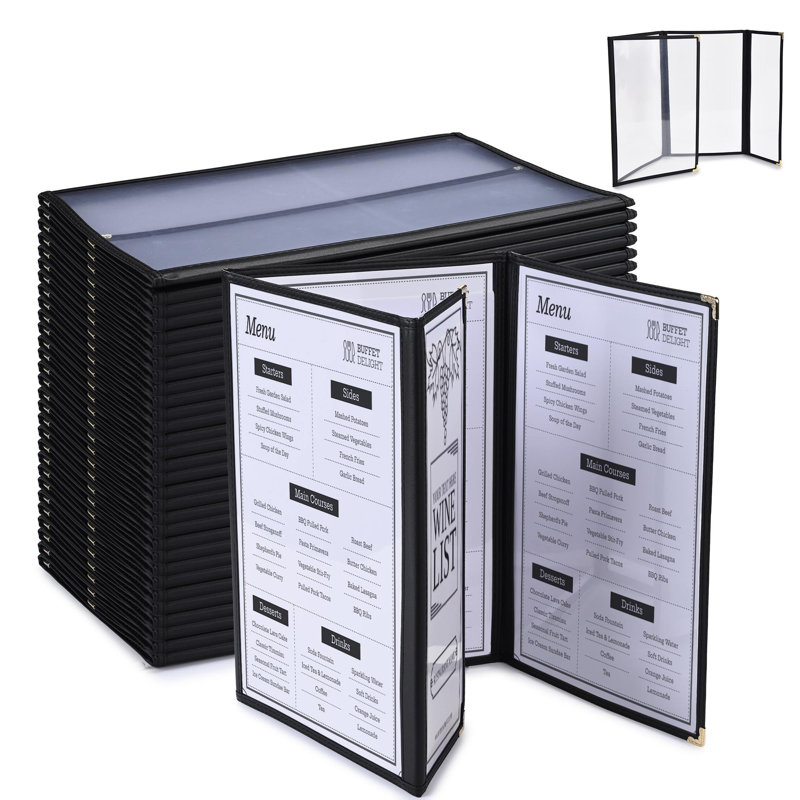Couvertures de menu pour restaurant WeChef 30 pièces 8,5 x 14 po à 3 volets de style page 3 et supports de menu demi-page à double piquage de 4,25 x 14 po Manchons de menu transparents en PVC pour liste de vins