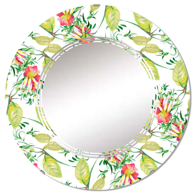 Fleurs rouges avec feuilles vertes - Miroir mural à motif rond, 24 po x 24 po
