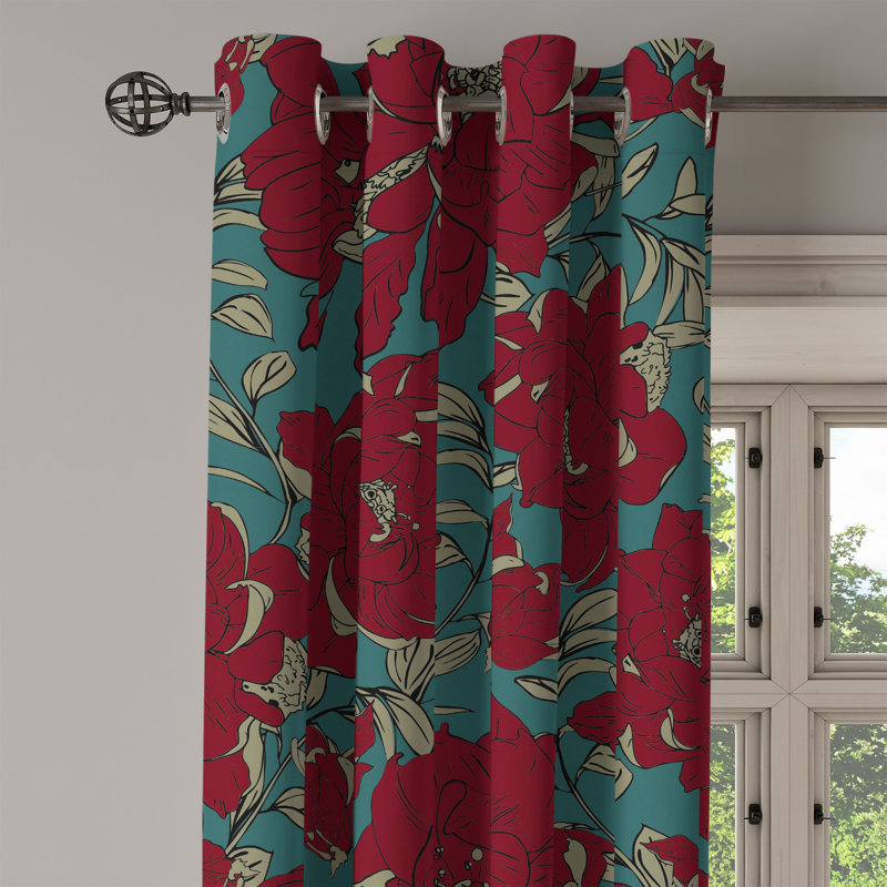 Ophelia & Co. Flowers Vintage Grommet Curtain Simple Rose Floral 50" x 63" Sea Green and Burgundy, 50" W x 96" L