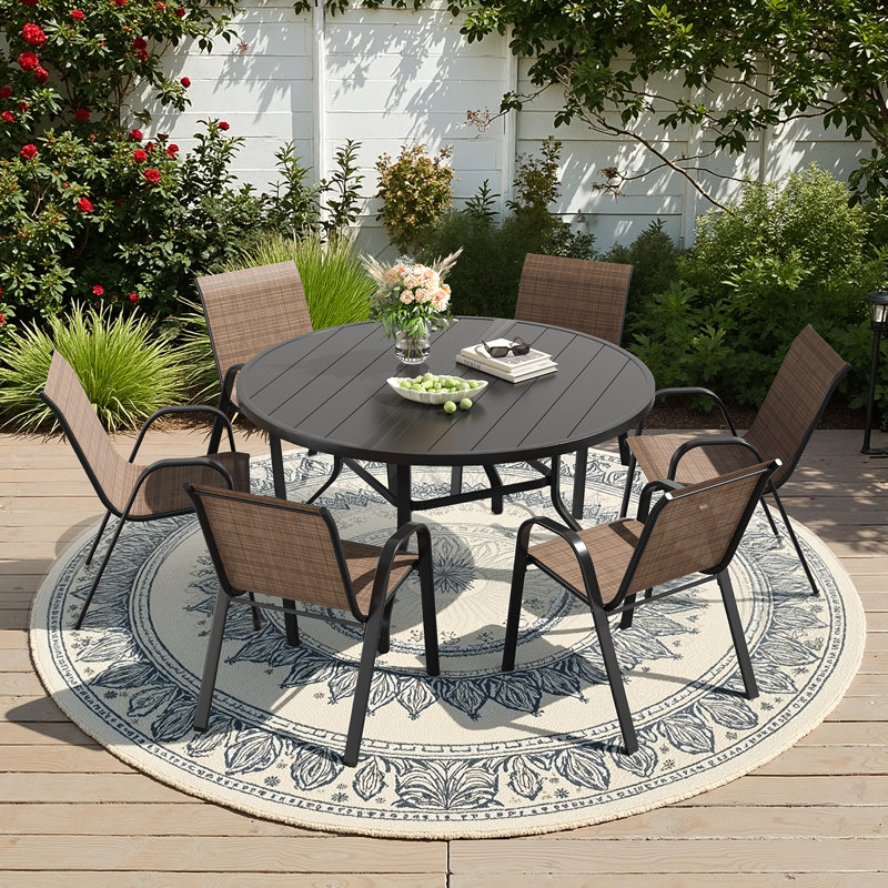 6 Person Patio Stackable Chair Dining Set With Round Metal Dining Table, Brown