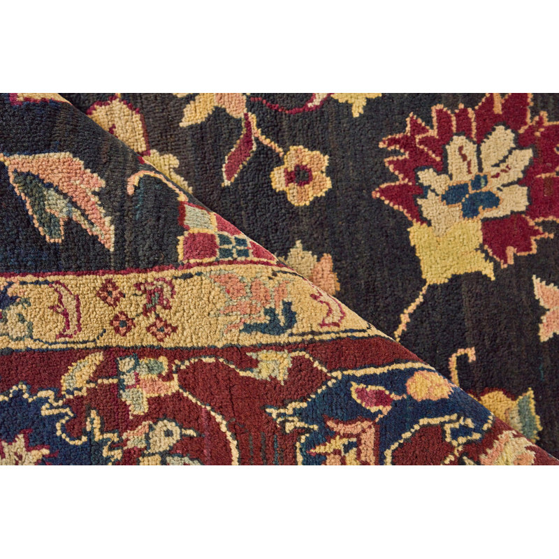 Handmade Black Floral Wool 10' x 14' Area Rug