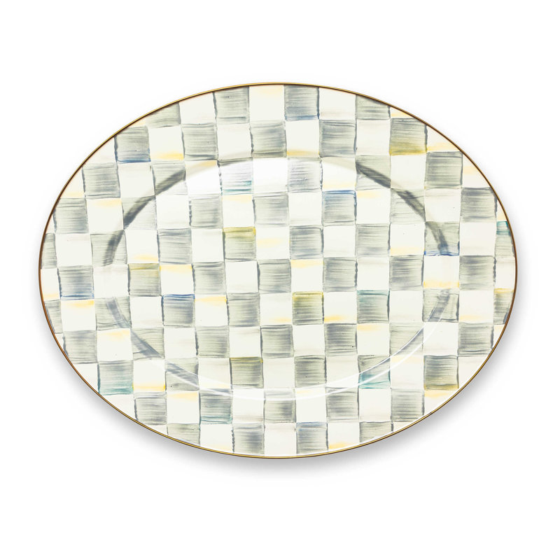 Large Gray-and-White Ceramic Oval Serving Platter with Bronzed Rim