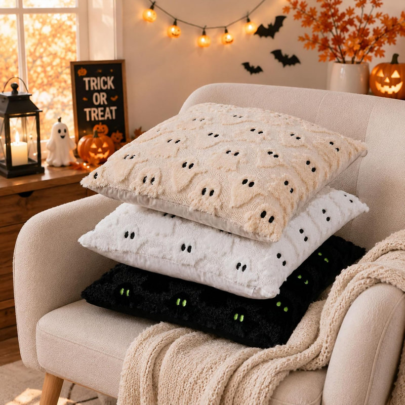 Housses de coussin Halloween 40x40 cm (2 pièces) Fantôme blanc Décoration Halloween Ensemble de 2 housses de coussin décoratives en fausse fourrure et laine pour fauteuil, canapé, chambre, salon