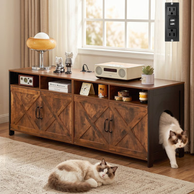 Farmhouse Cat Litter Box Enclosure TV Stand for 2 Cats, 63" Large Hidden Litter Box Cabinet with Power Outlet, Double Compartments, Storage Shelves & Rustic Furniture Design