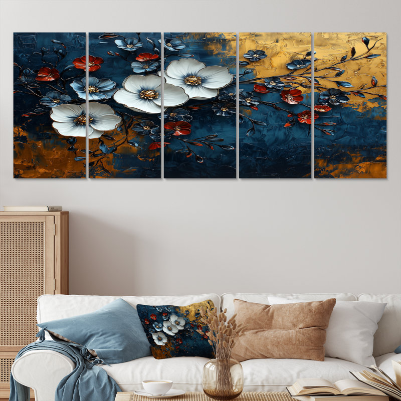 «White and Blue Poppies Venetian Vibrance I», ensemble d'art sur toile coquelicots, H 32 po x l 80 po