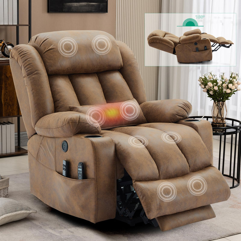 Latitude Run Tall Man Large Dual Motor Power Lift Recliner Chair With Extended Footrest, Oversized Lay Flat Sleeper Electric Recliner W/Heat & Massage, Lumbar Pillow, USB & Type-C Ports